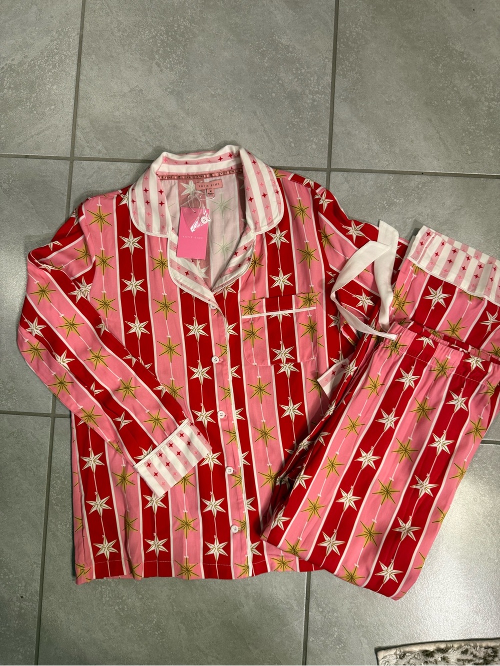 Katie Kime Star Stripe Button-Front Pajama Set in Pink & Red